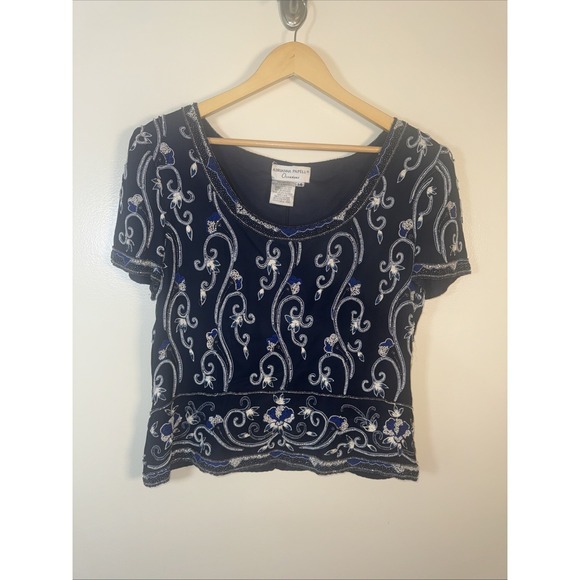 Adrianna Papell Tops - Vintage Adriana Papell Occasions Silk Beaded Blouse Women's 14 Navy Embroidered